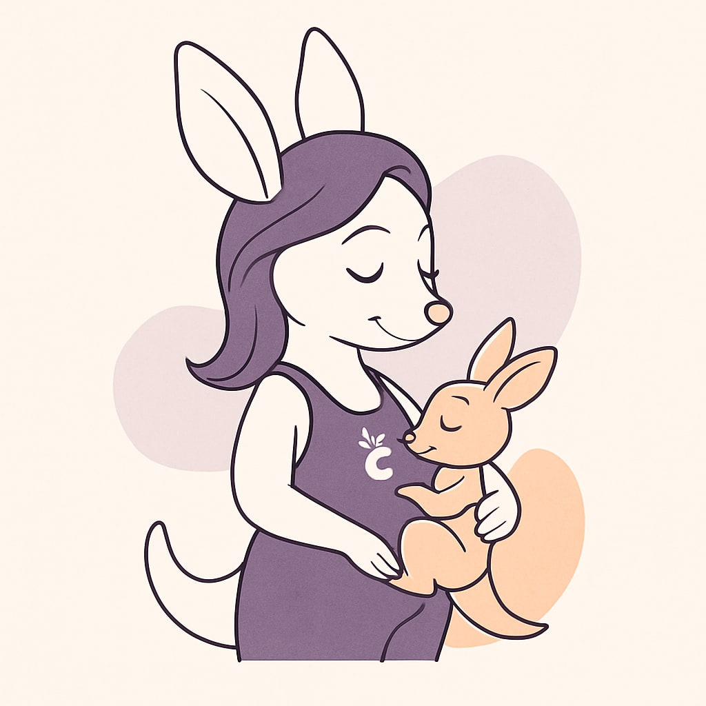 Sophie holding her baby kangaroo against her belly with a peaceful smile