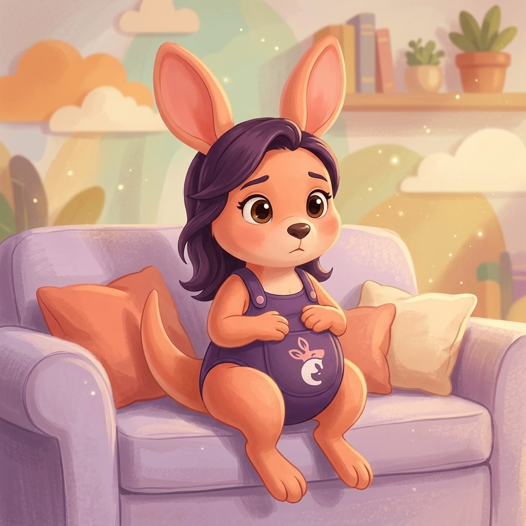 Sophie sitting on a couch holding her belly with a thoughtful expression