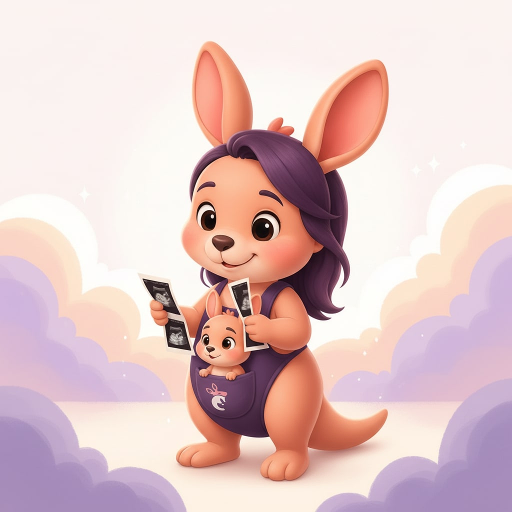 Sophie holding ultrasound images with her baby kangaroo peeking out from her pouch