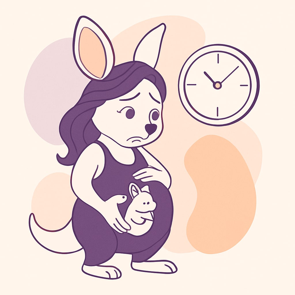 Sophie looking at a clock anxiously as she holds her pregnant belly