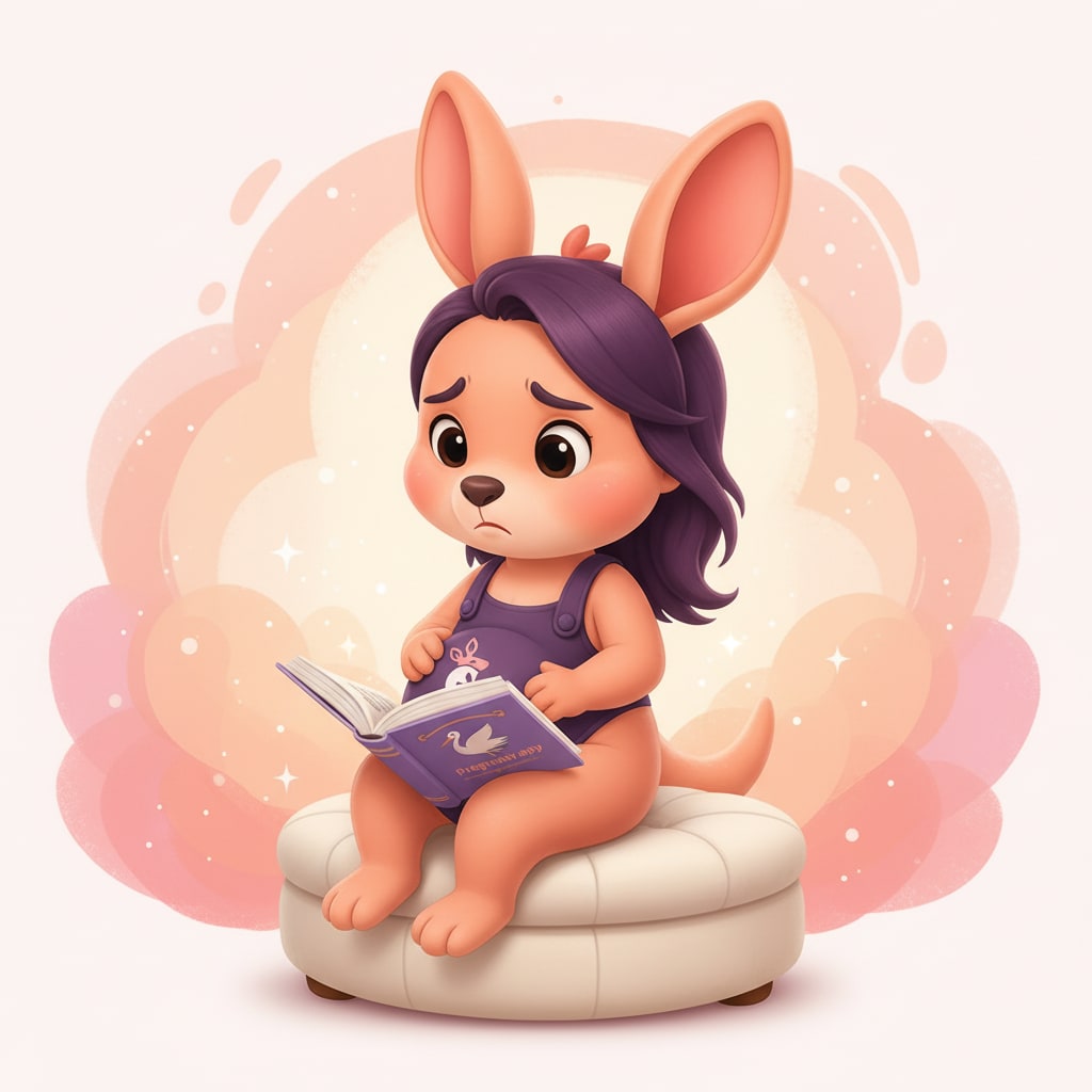 Sophie holding her belly with one hand while reading a pregnancy book