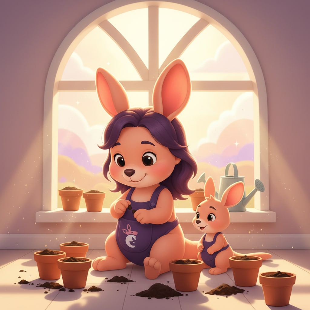Sophie planting seeds in small pots with sunlight streaming through a window
