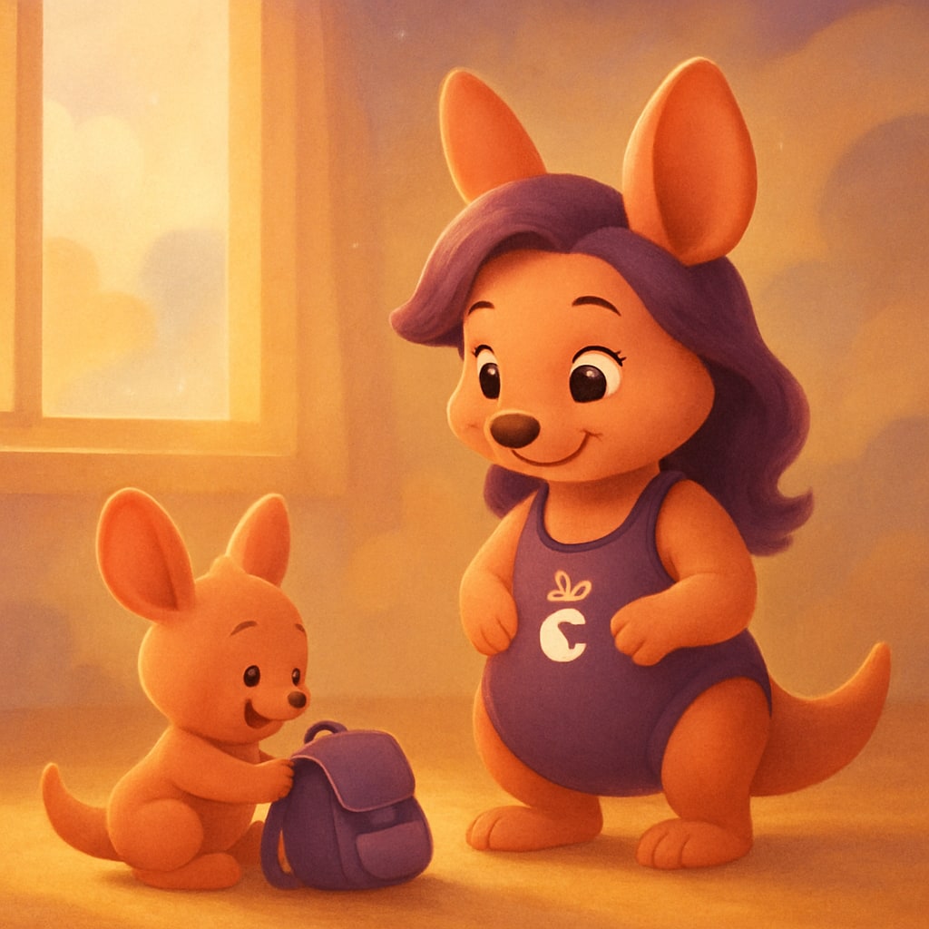 Sophie watching her baby kangaroo play with a backpack in a sunny room.