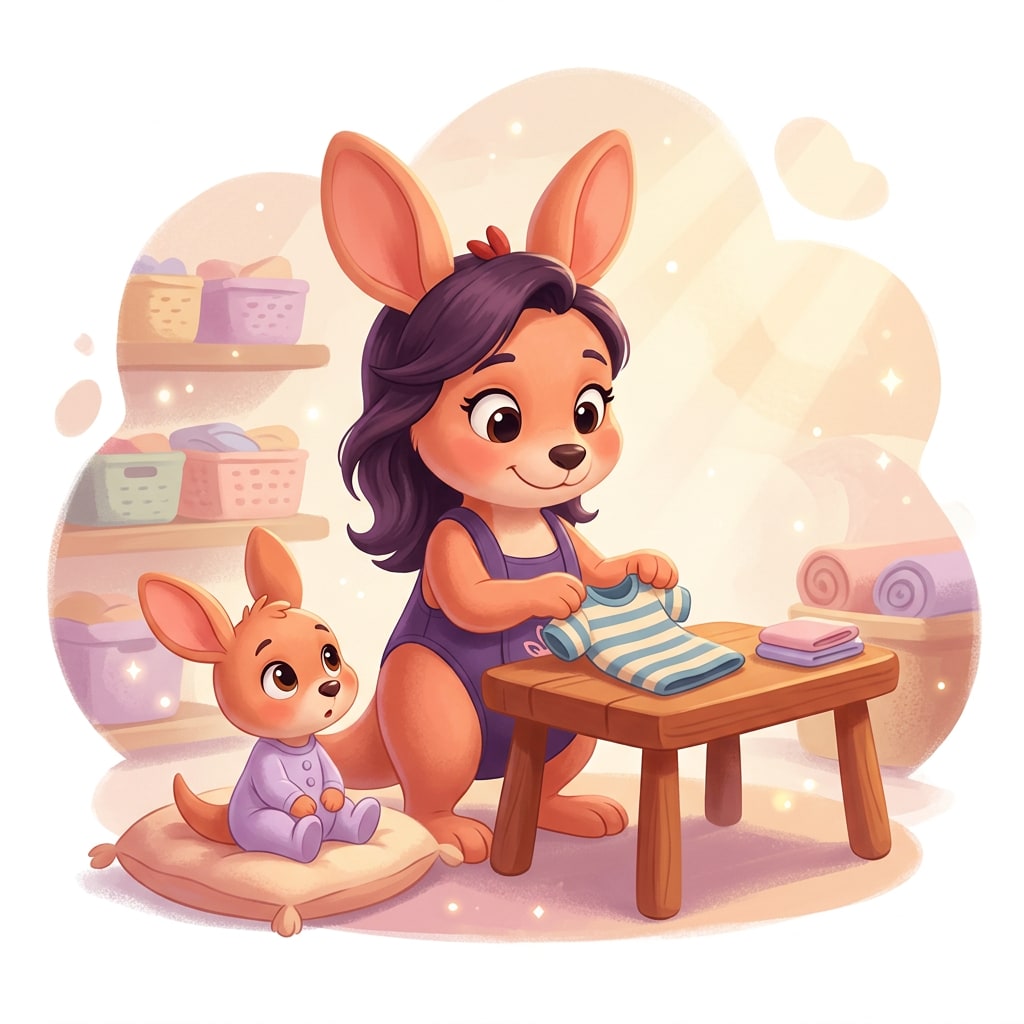 Sophie folding a small striped shirt with her baby kangaroo sitting nearby