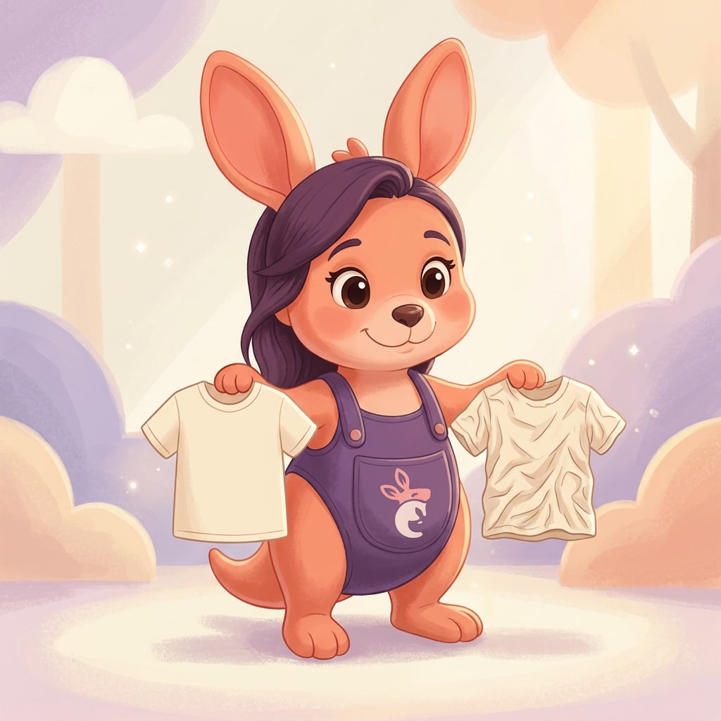 Sophie holding two identical shirts, one clean and one wrinkled