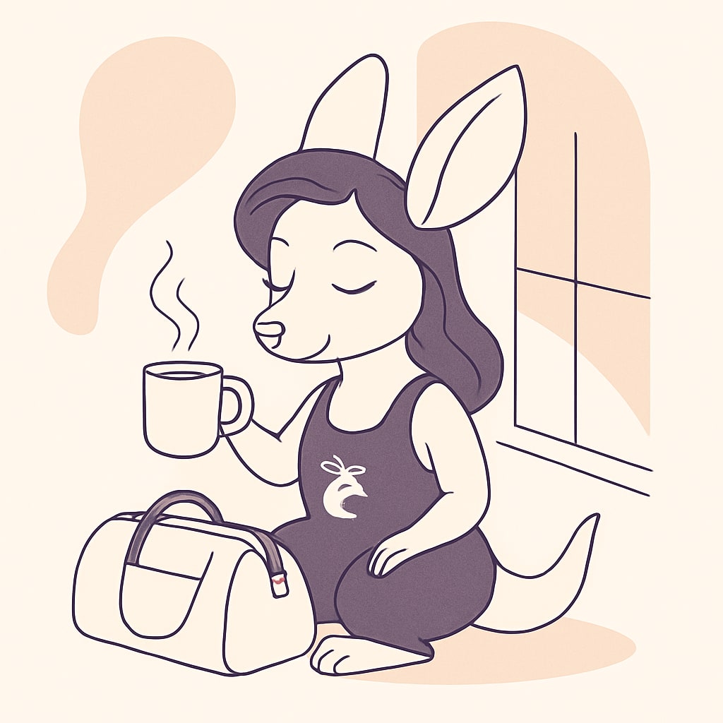 Sophie holding a steaming mug of tea while looking out a window at sunrise