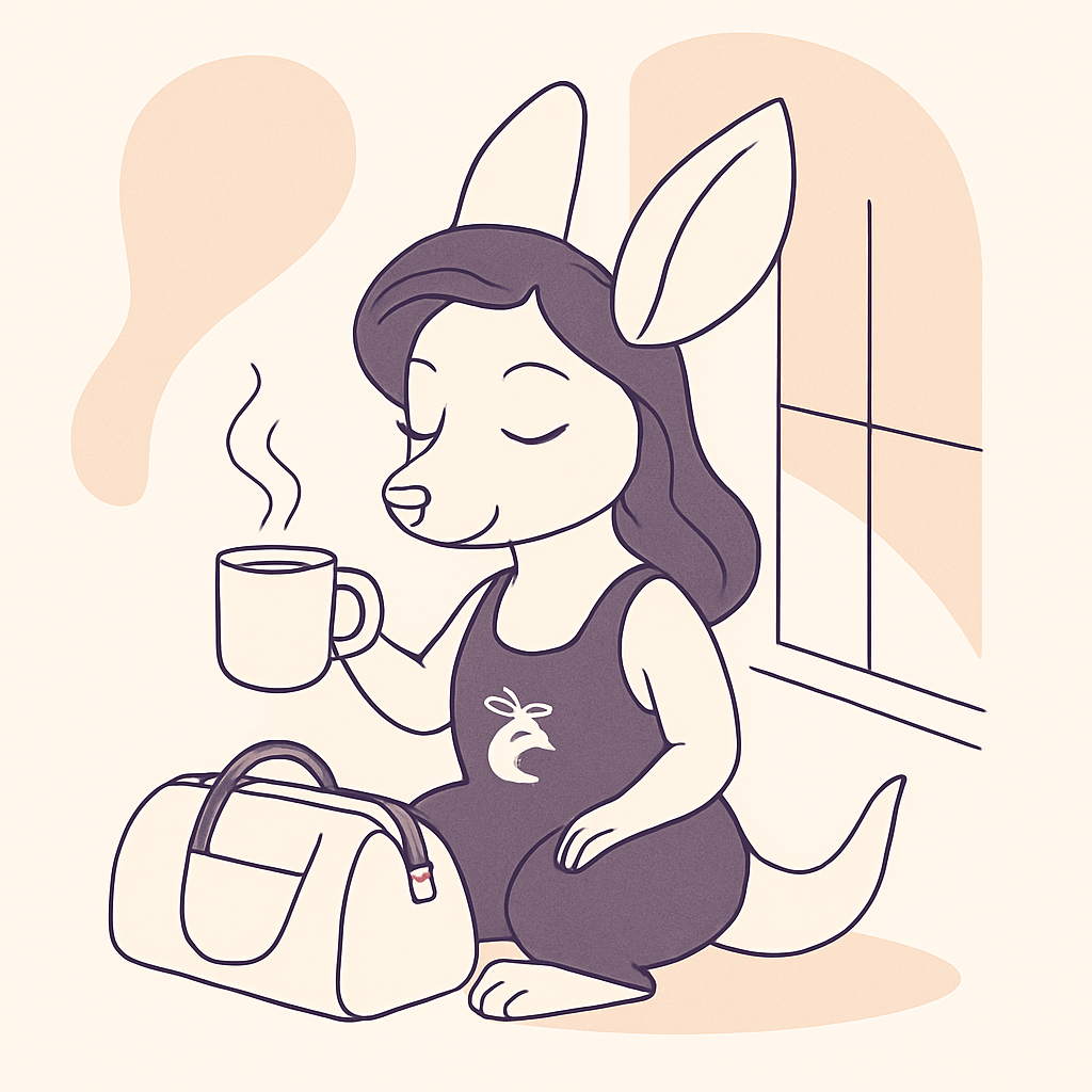 Sophie holding a steaming mug of tea while looking out a window at sunrise