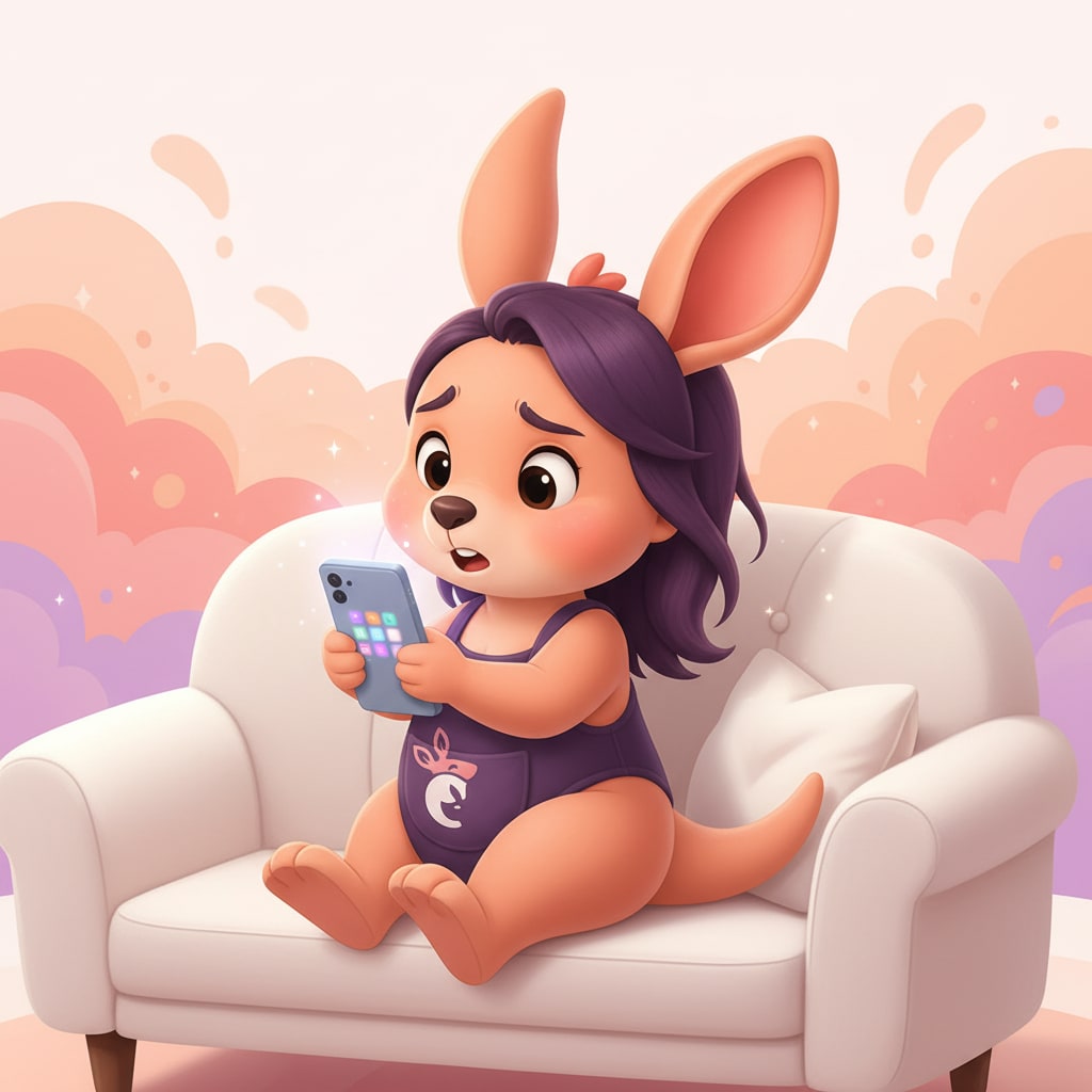 Sophie sitting on a couch holding her phone at arm's length with a conflicted expression.
