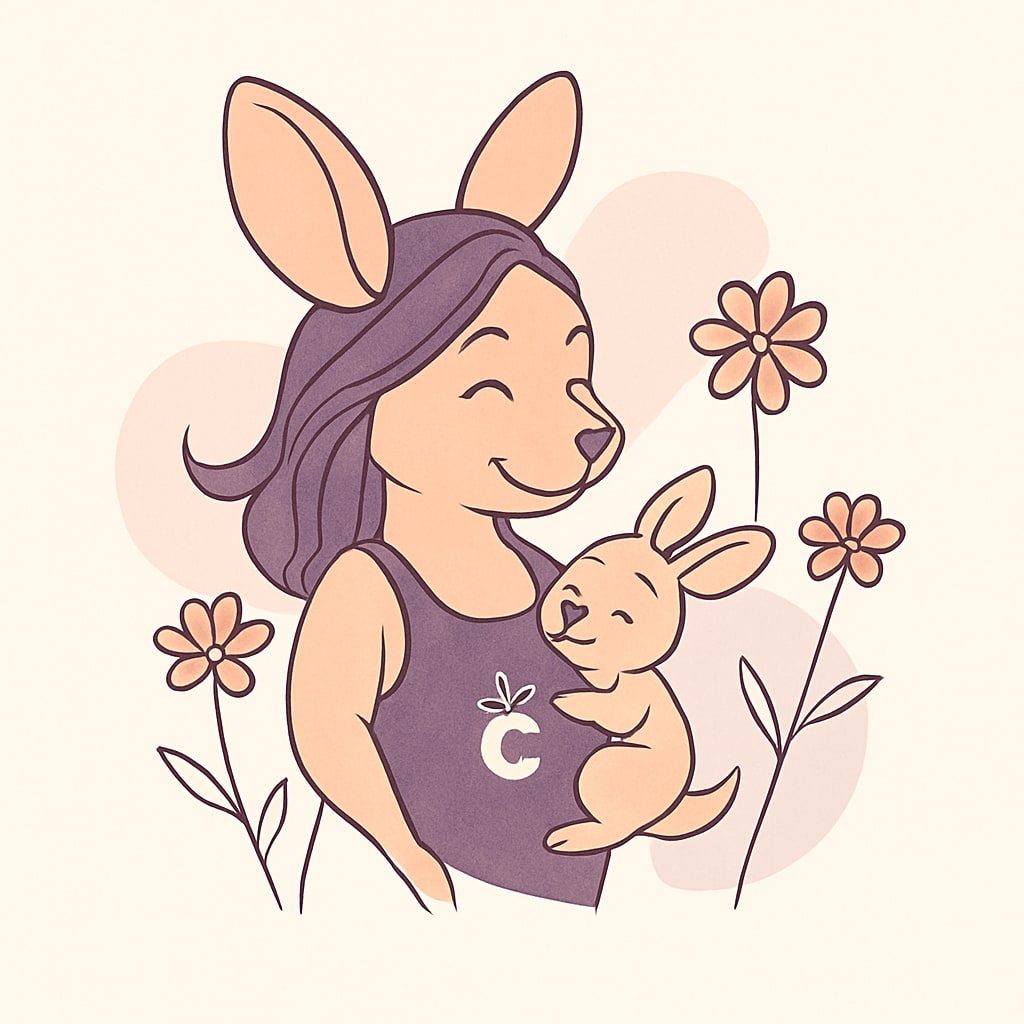 Sophie smiling with a baby kangaroo under her arm, surrounded by blooming flowers.