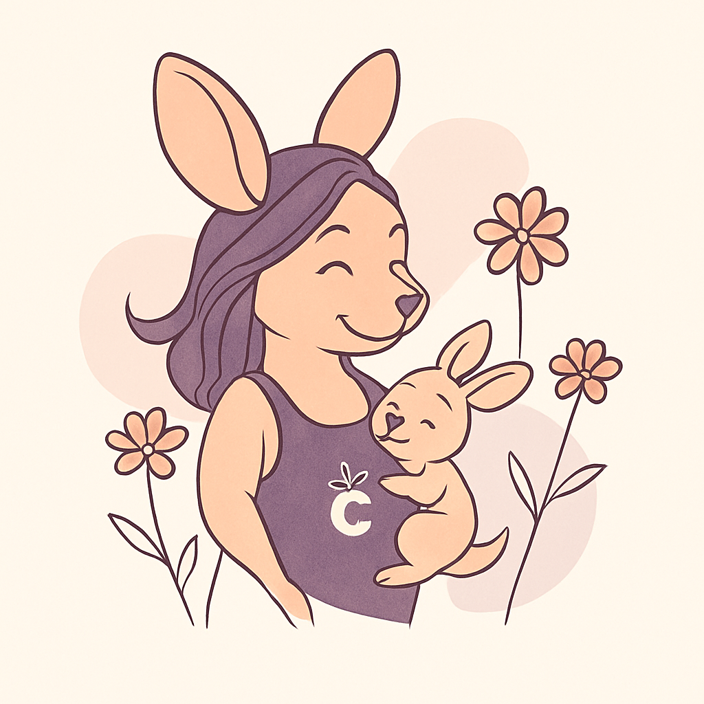 Sophie smiling with a baby kangaroo under her arm, surrounded by blooming flowers.