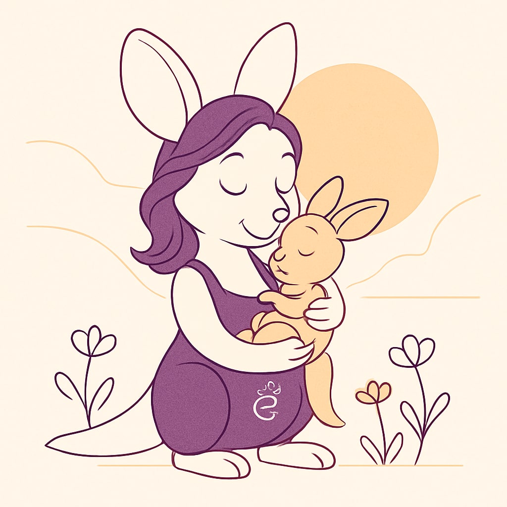 Sophie cradling her baby kangaroo in a sunny outdoor setting with flowers blooming.
