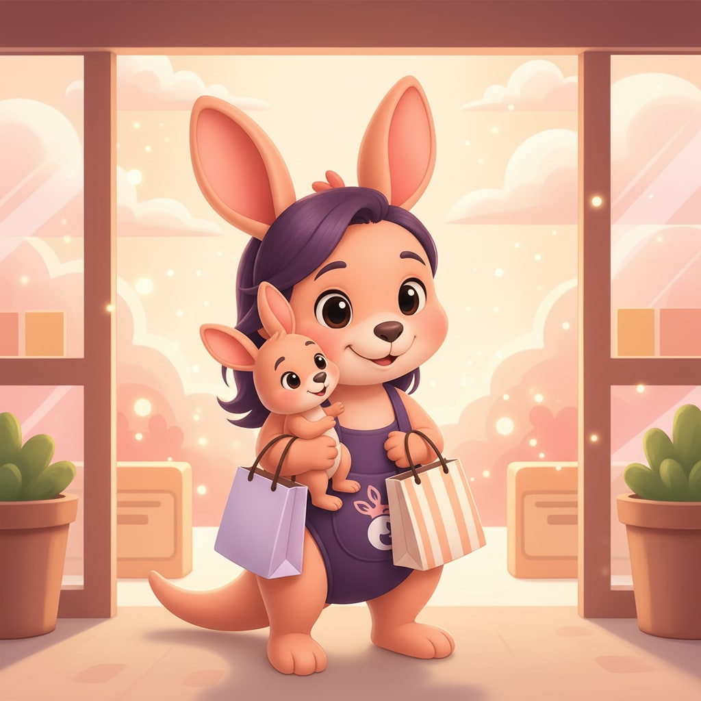 Sophie carrying a baby kangaroo out of a grocery store with a few grocery bags