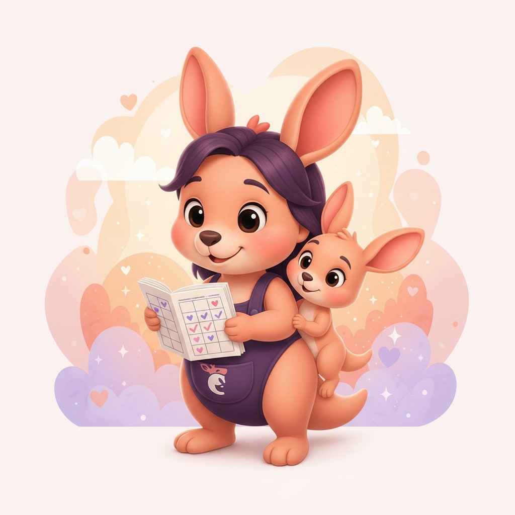 Sophie holding a calendar with marked dates while a baby kangaroo peeks over her shoulder