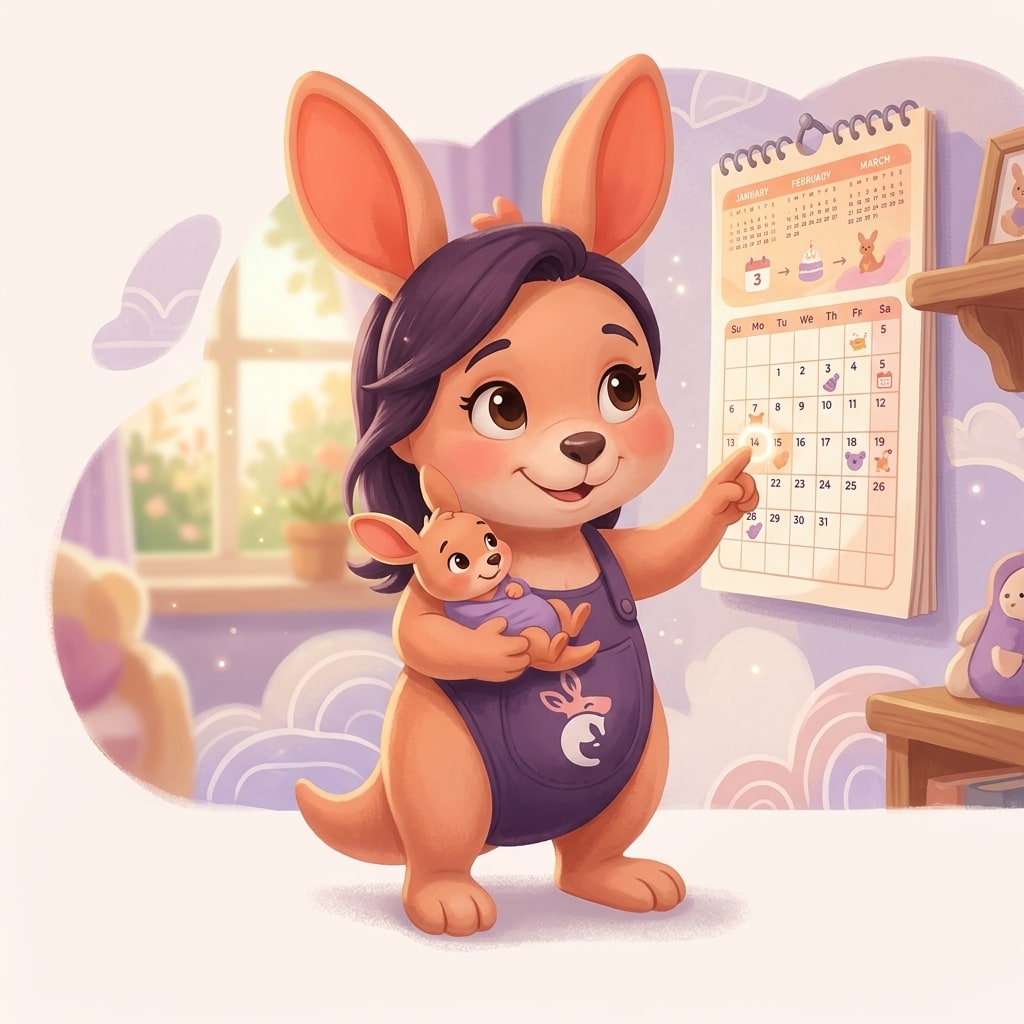 Sophie holding a tiny baby kangaroo while looking at a calendar on the wall