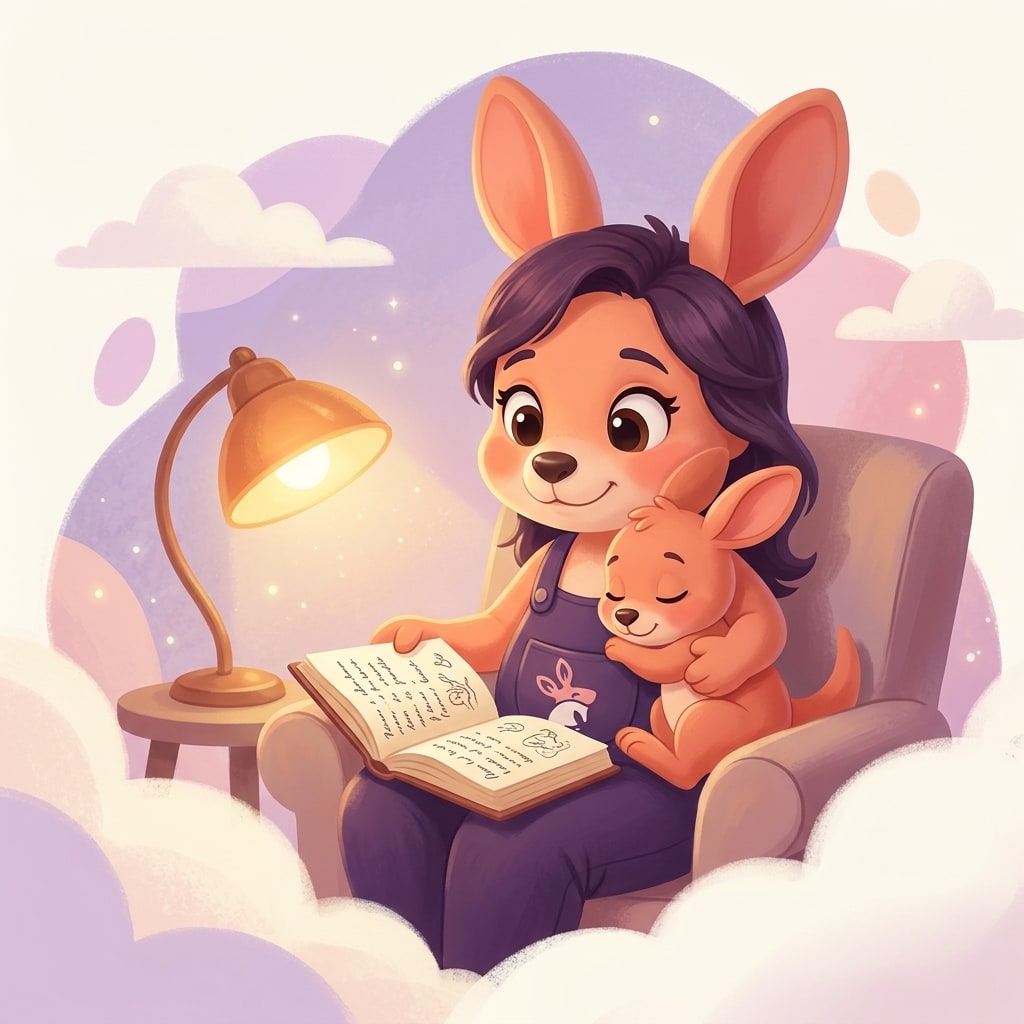 Sophie cradling her baby kangaroo while reading a notebook by lamplight