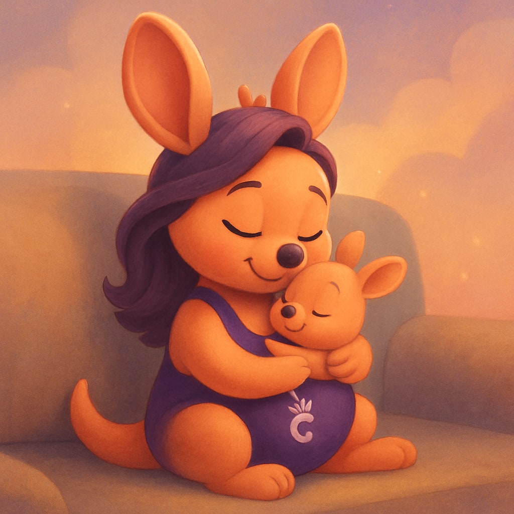 Sophie cuddling her baby kangaroo tightly while sitting on a cozy couch