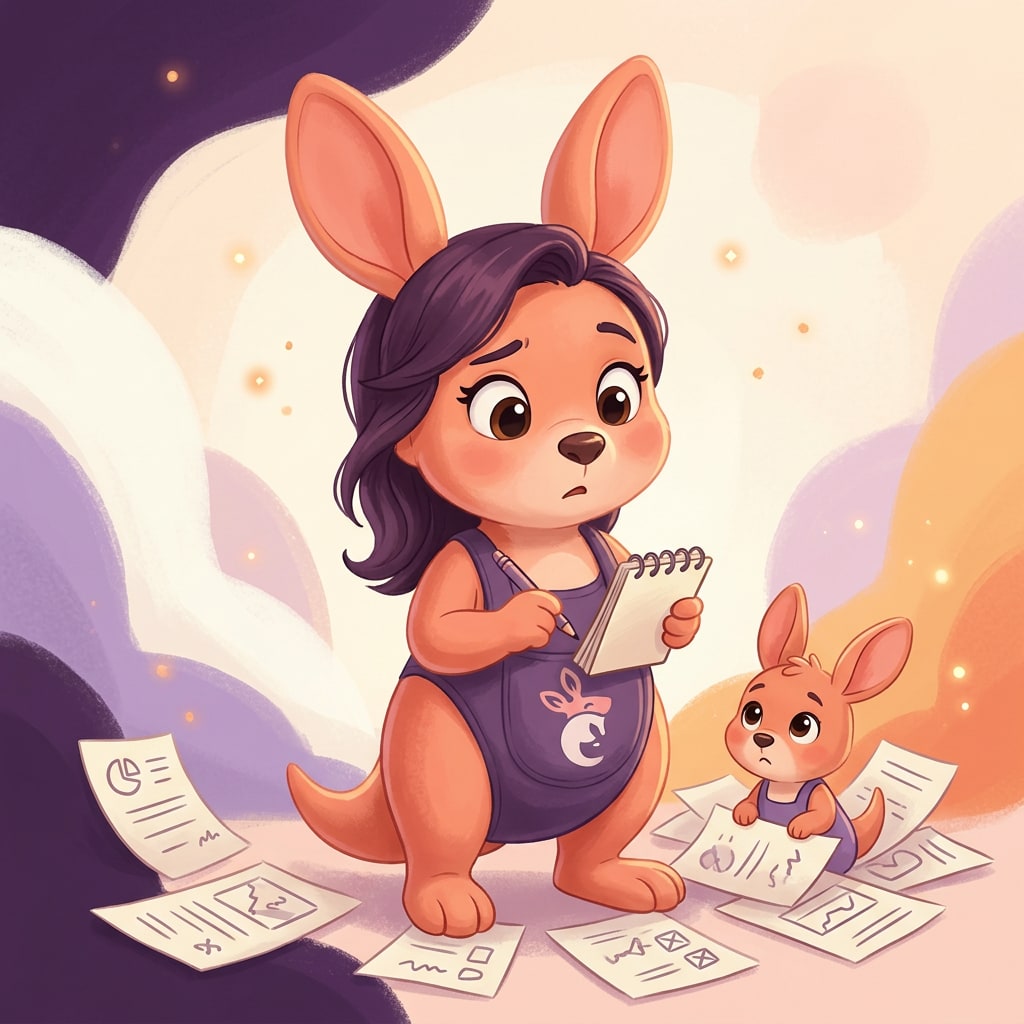 Sophie holding a notebook with a puzzled expression, surrounded by scattered papers.