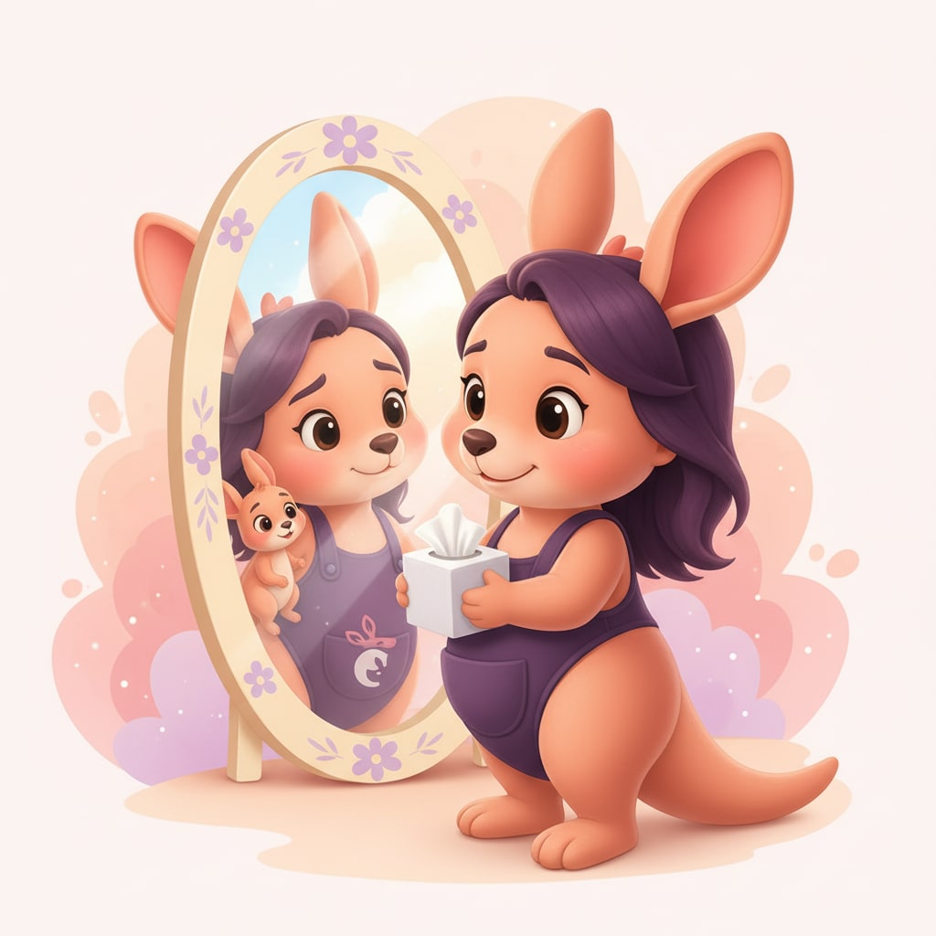 Sophie holding a tissue box and looking at herself in a mirror, her baby kangaroo perched on her shoulder.