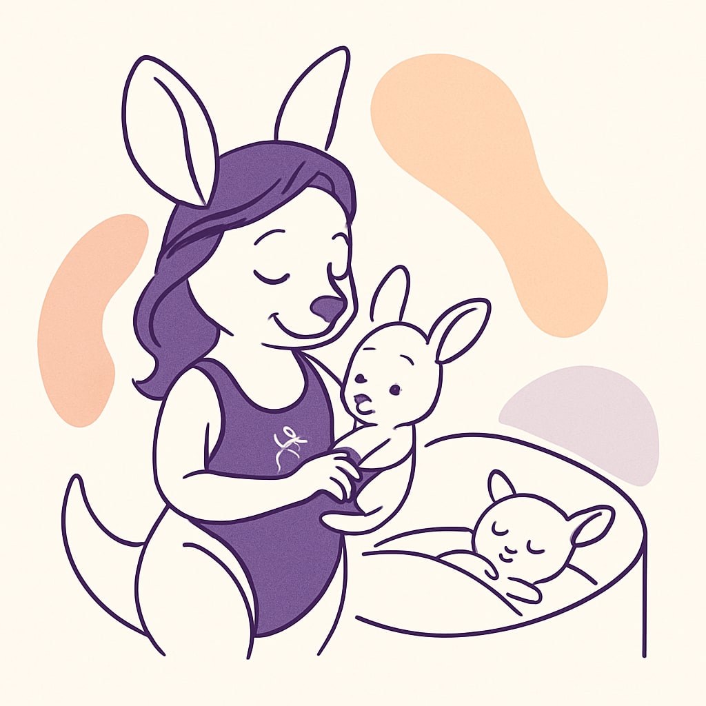 Sophie holding a baby kangaroo while looking at a gently sleeping baby kangaroo in a crib