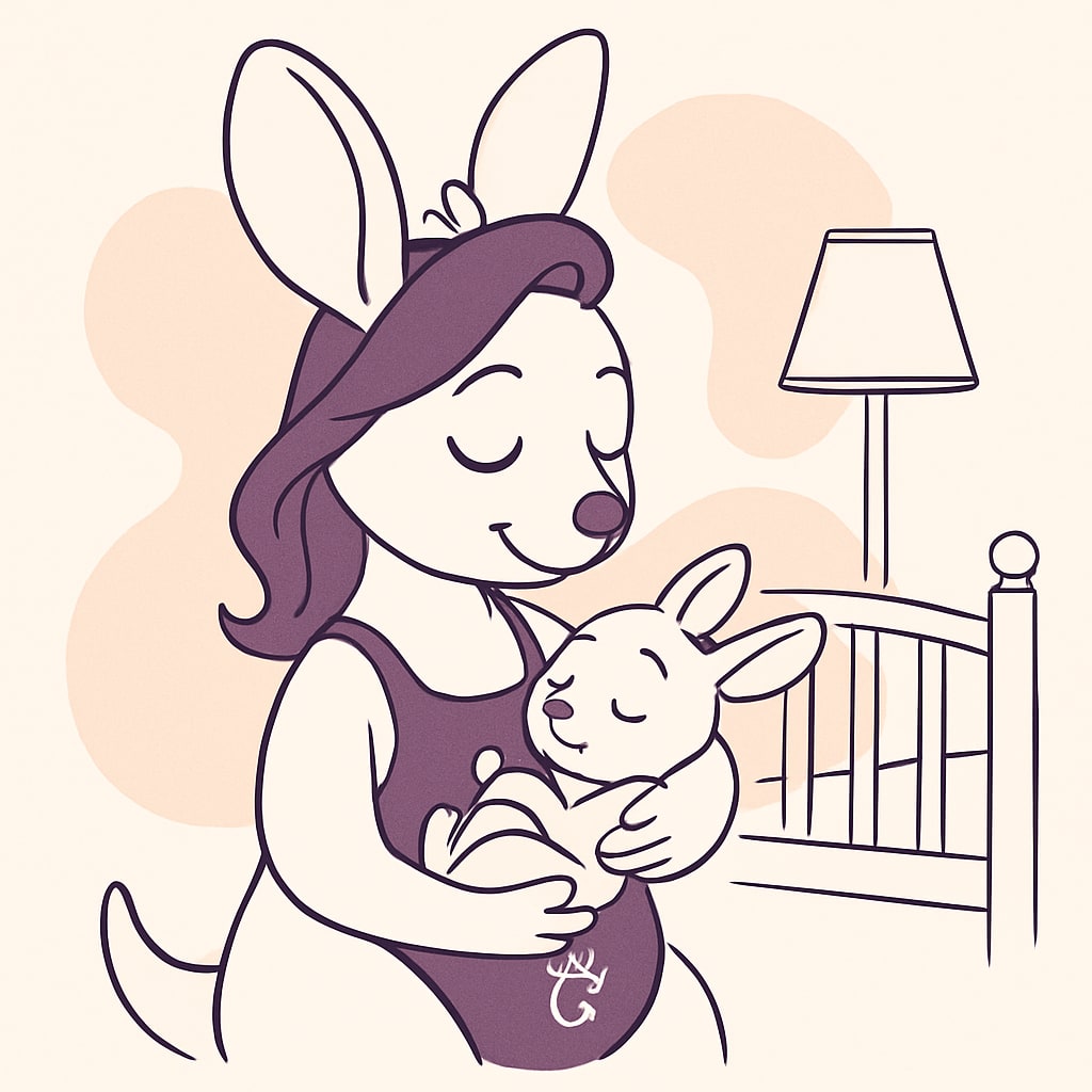 Sophie gently rocking a baby kangaroo to sleep in a cozy nursery