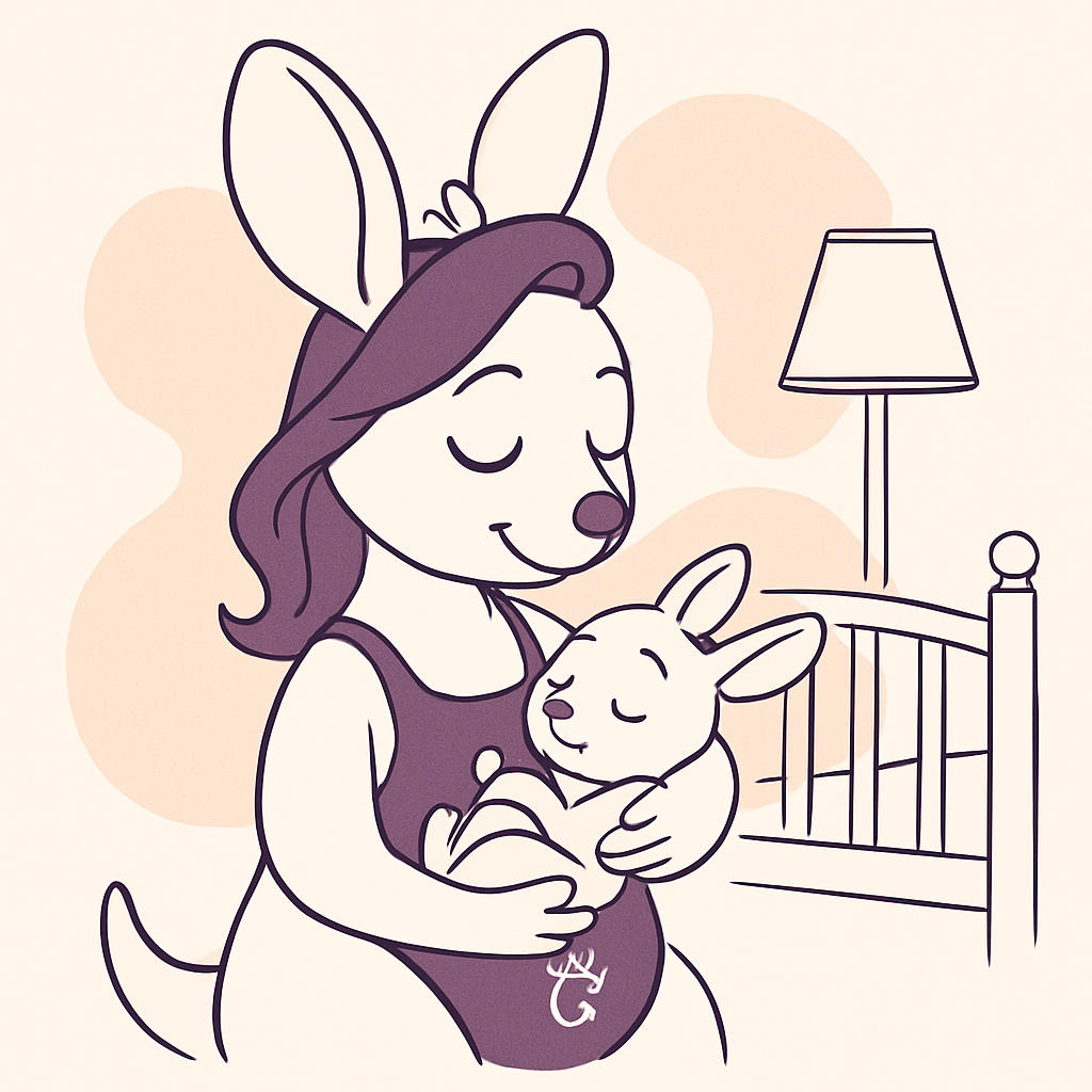 Sophie gently rocking a baby kangaroo to sleep in a cozy nursery
