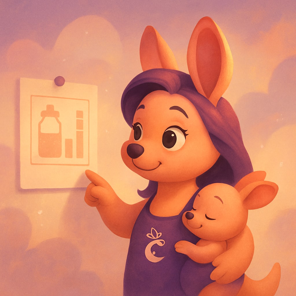 Sophie looking at a feeding chart displayed on a wall while holding her baby kangaroo