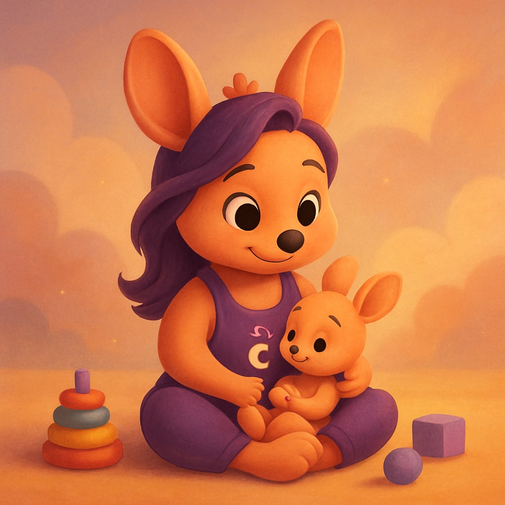 Sophie sitting cross-legged on the floor, holding her baby kangaroo in her lap while surrounded by colorful toys.