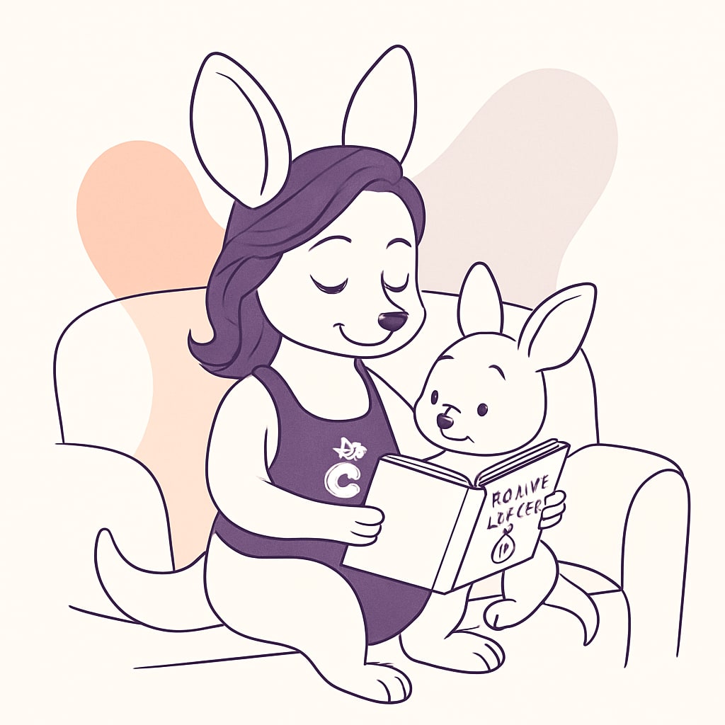 Sophie reading a book about online safety to her baby kangaroo while sitting on a cozy couch.