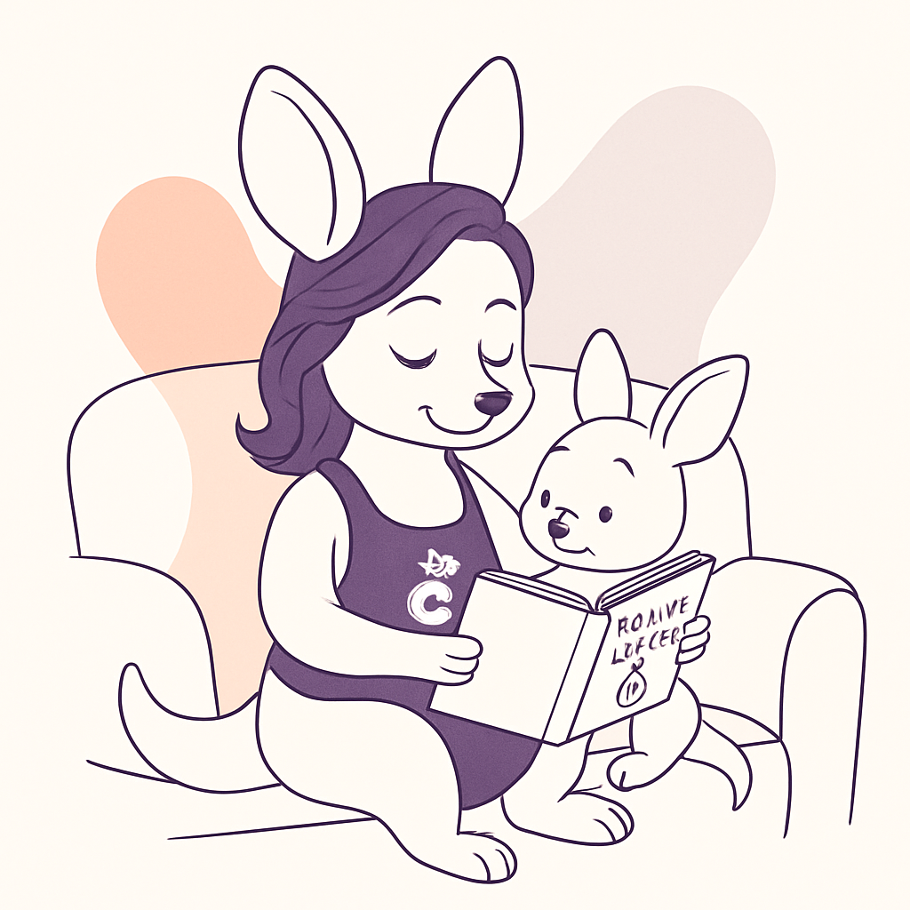 Sophie reading a book about online safety to her baby kangaroo while sitting on a cozy couch.