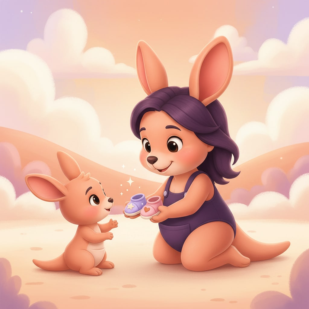 Sophie kneeling down to offer two pairs of shoes to a baby kangaroo