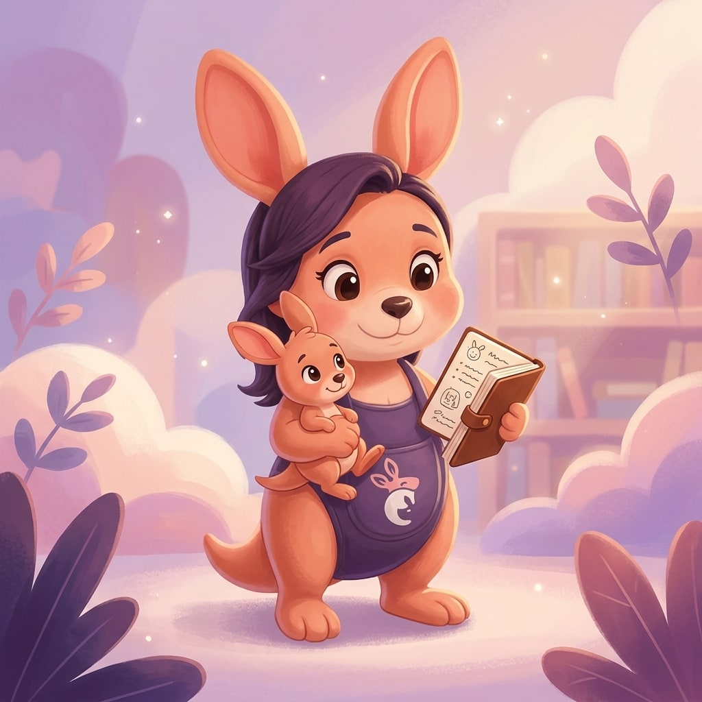 Sophie holding her baby kangaroo while looking at a notebook