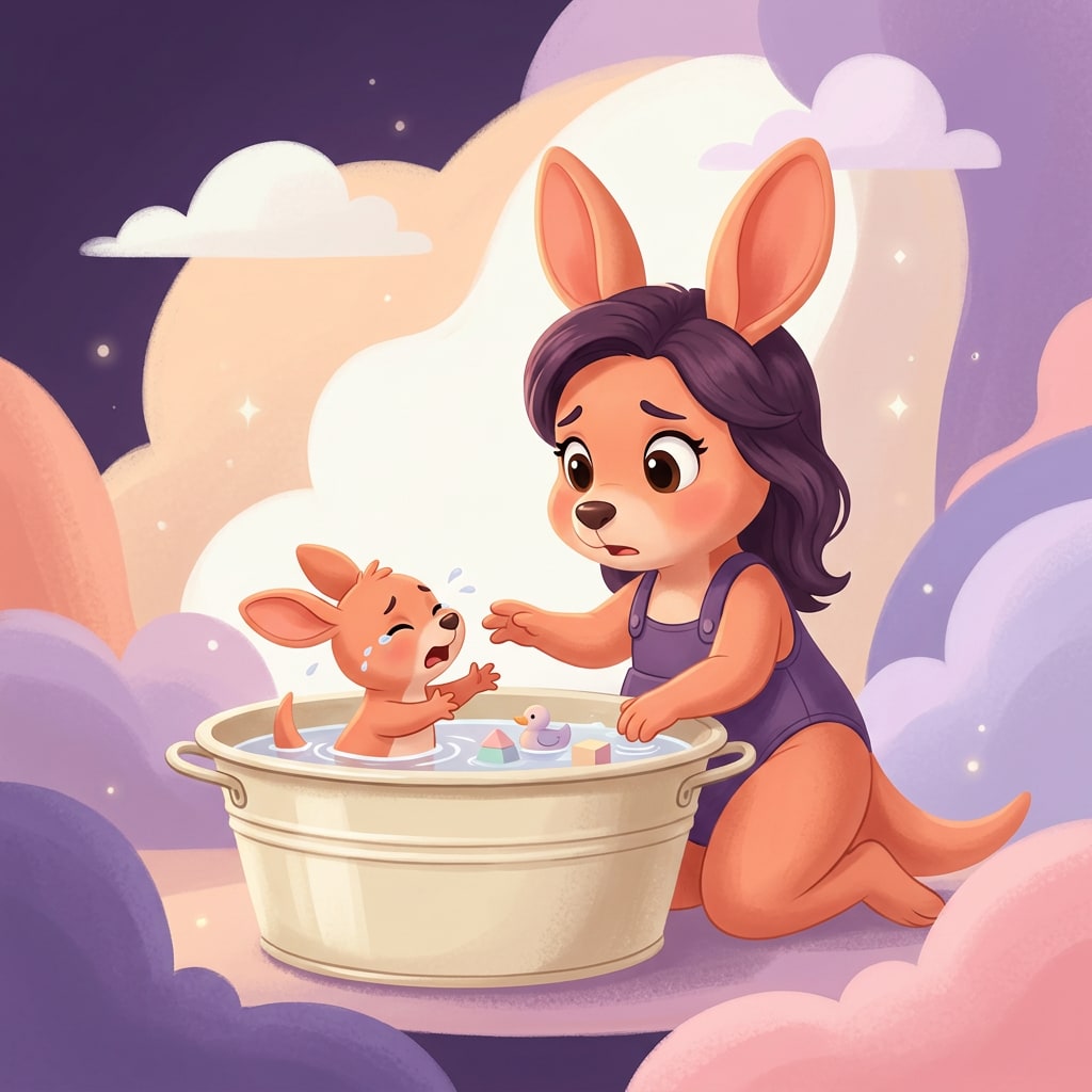 Sophie kneeling beside a baby kangaroo who is crying and reaching out of the tub