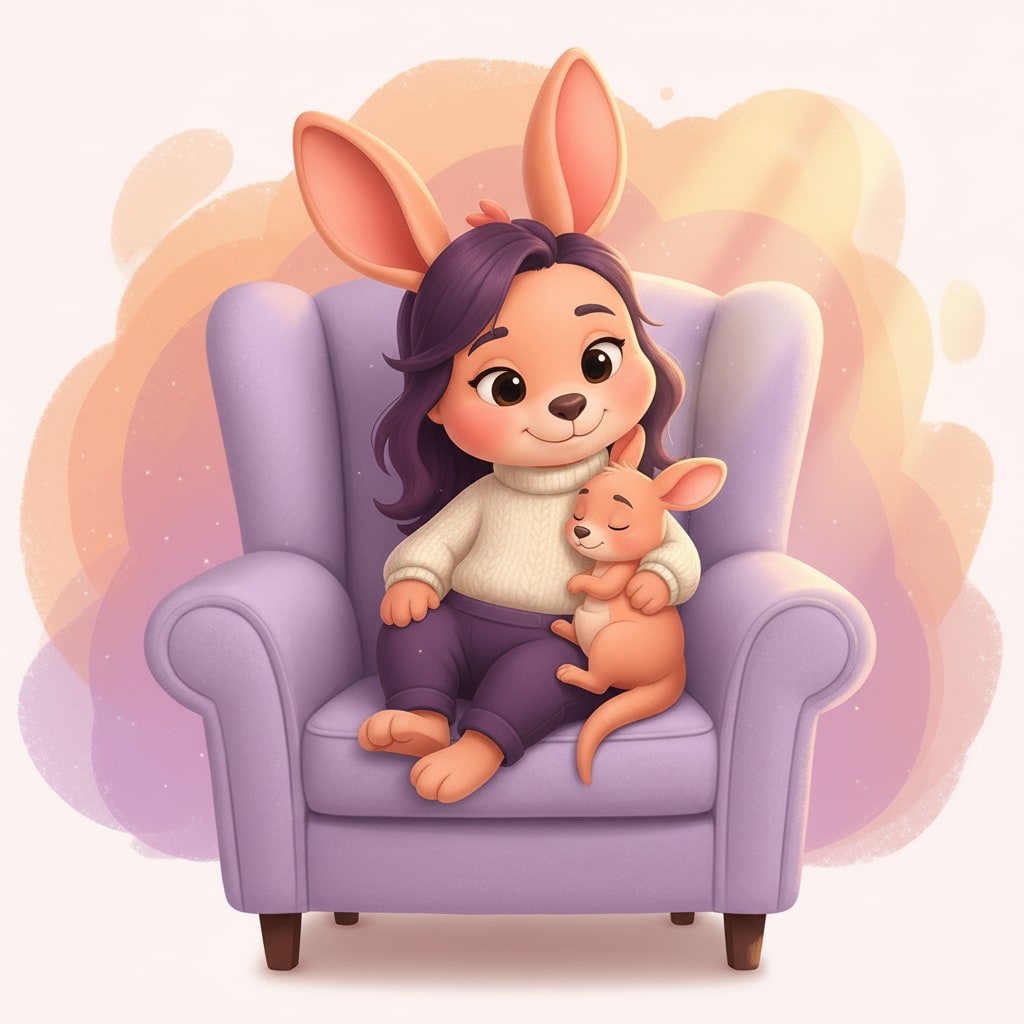 Sophie sitting in a cozy chair wearing a soft sweater, smiling softly.