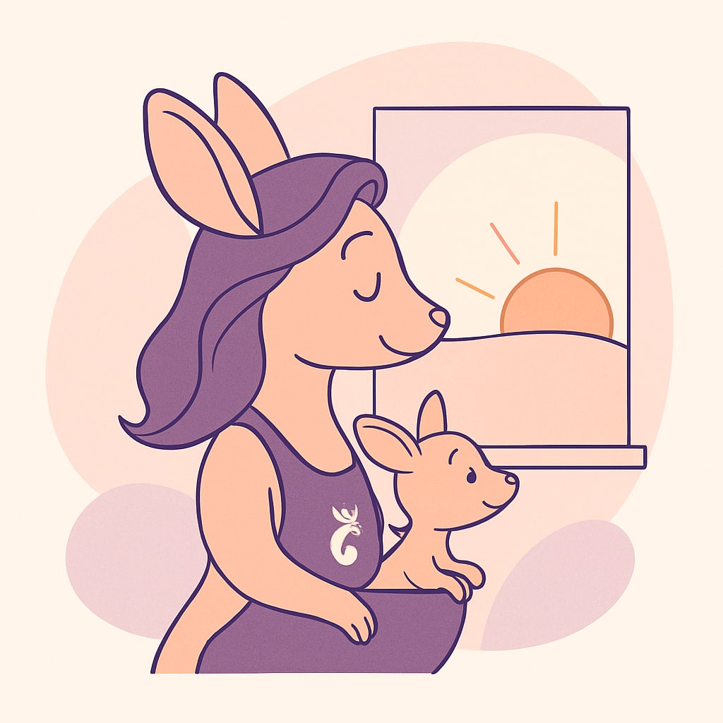 Sophie with her baby kangaroo watching the sunrise from the window