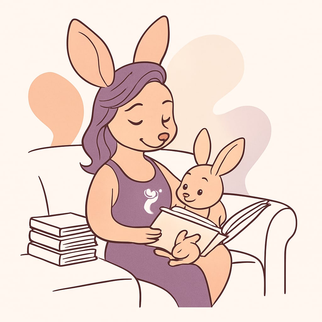 Sophie sitting on the couch with a pile of pregnancy books and her baby kangaroo