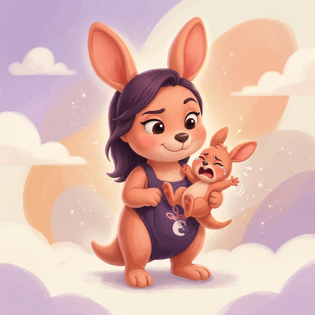 Sophie holding a baby kangaroo who is mid-tantrum, with a raised eyebrow and calm expression