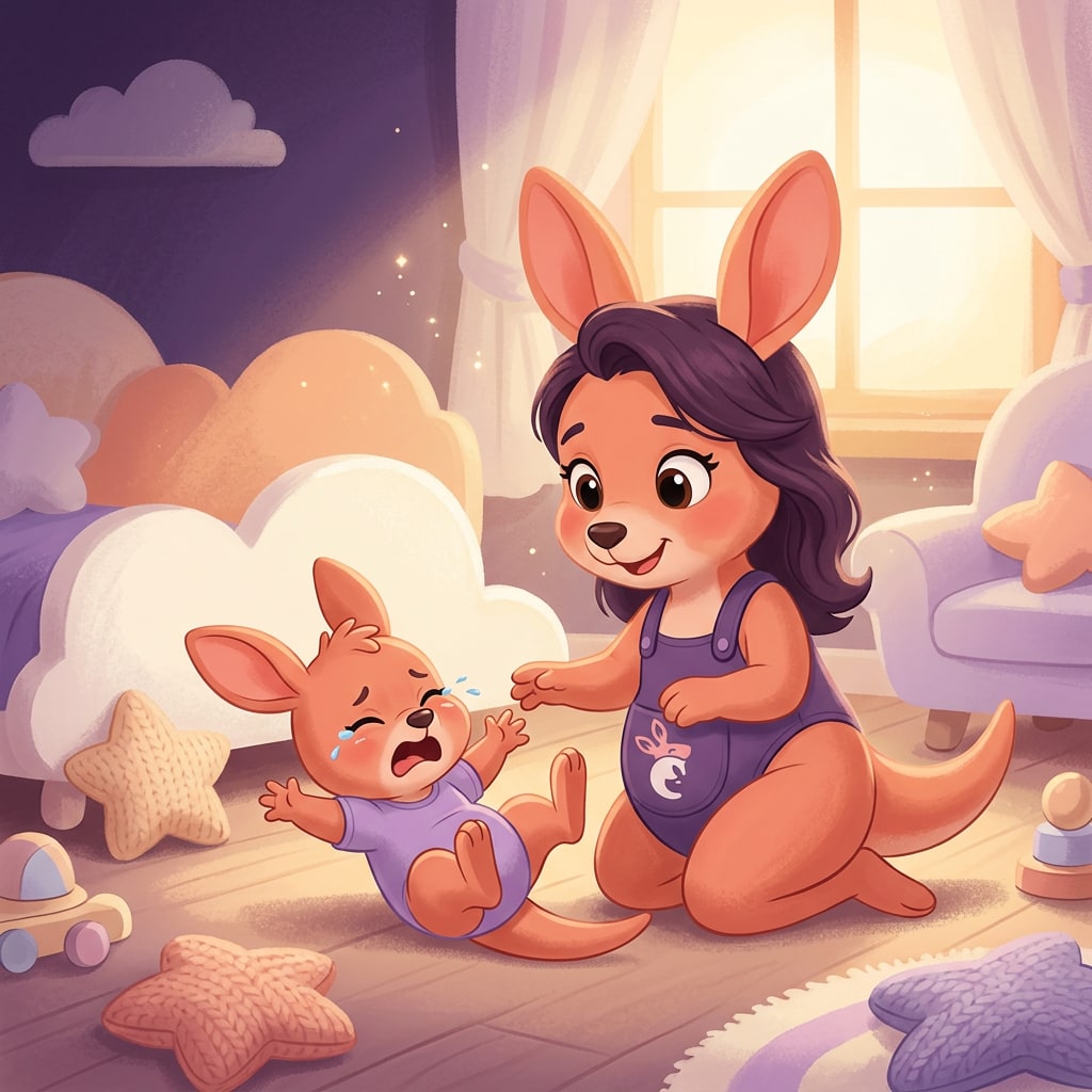 Sophie kneeling beside a baby kangaroo who is mid-tantrum on the floor