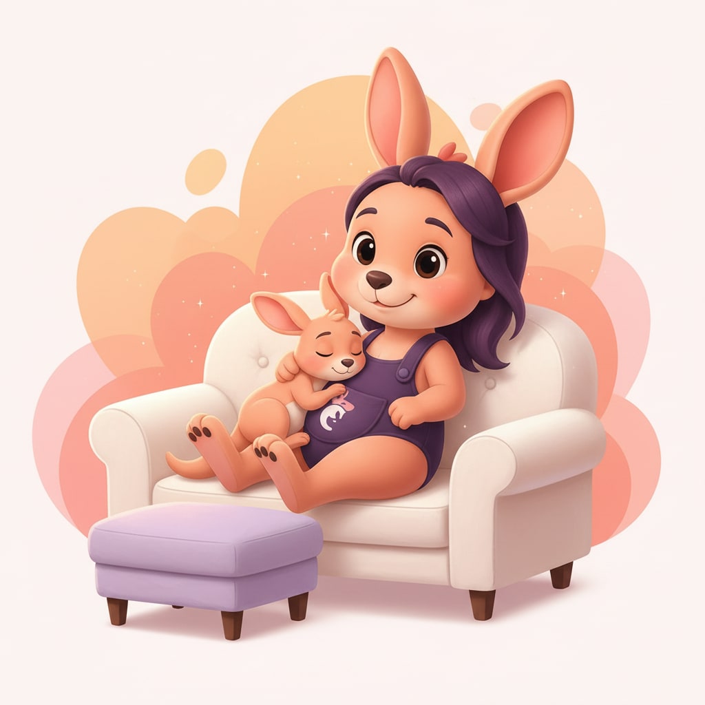 Sophie resting on a couch with her feet up, a baby kangaroo curled against her side.