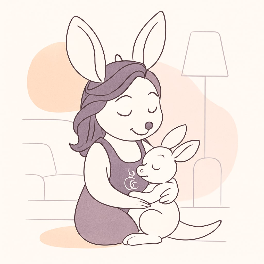A kangaroo nurturing a baby kangaroo in a cozy living room