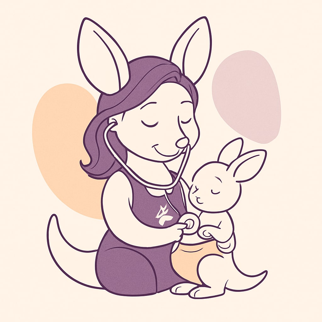Sophie holding a baby kangaroo while listening to its heartbeat with a stethoscope