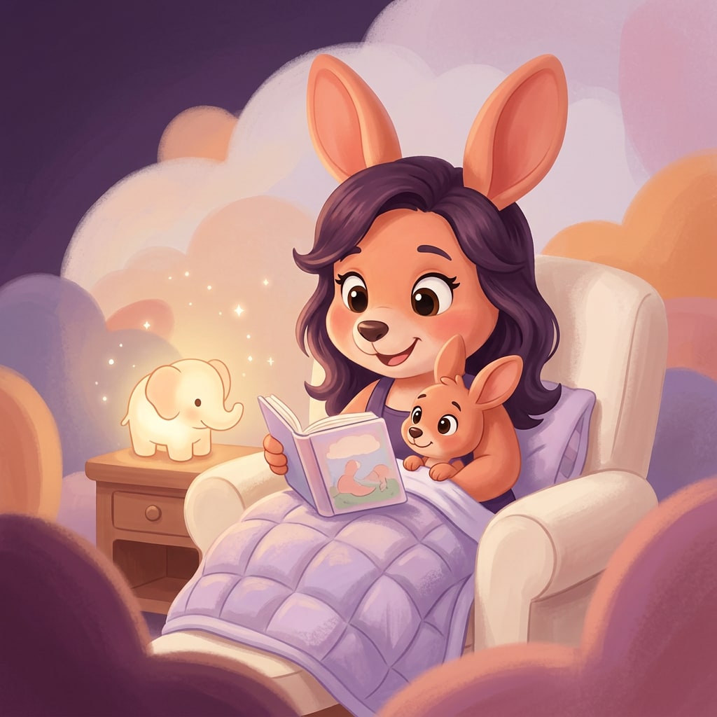 Sophie reading to her baby kangaroo under a cozy blanket