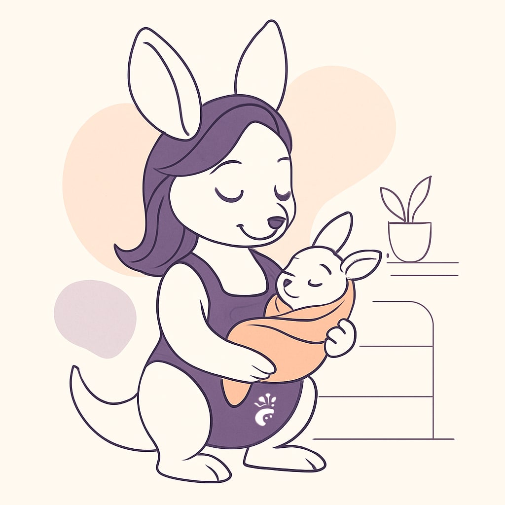 Sophie holding her baby kangaroo with a warm blanket in a cozy nursery