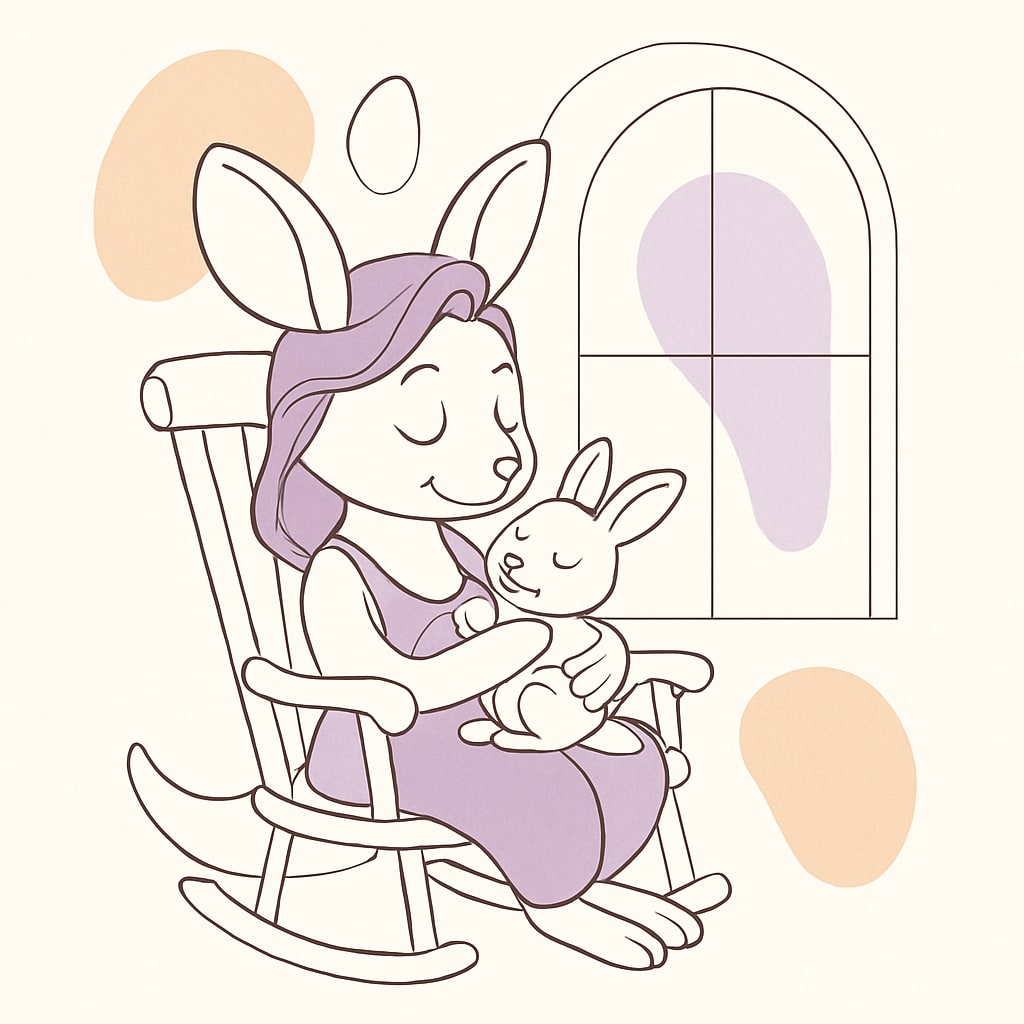 Sophie holding her baby kangaroo while sitting in a rocking chair by the window