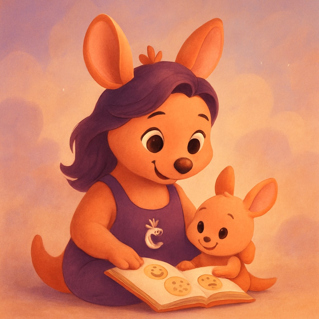 Sophie sitting with a baby kangaroo, both looking at a book with feelings illustrated inside.