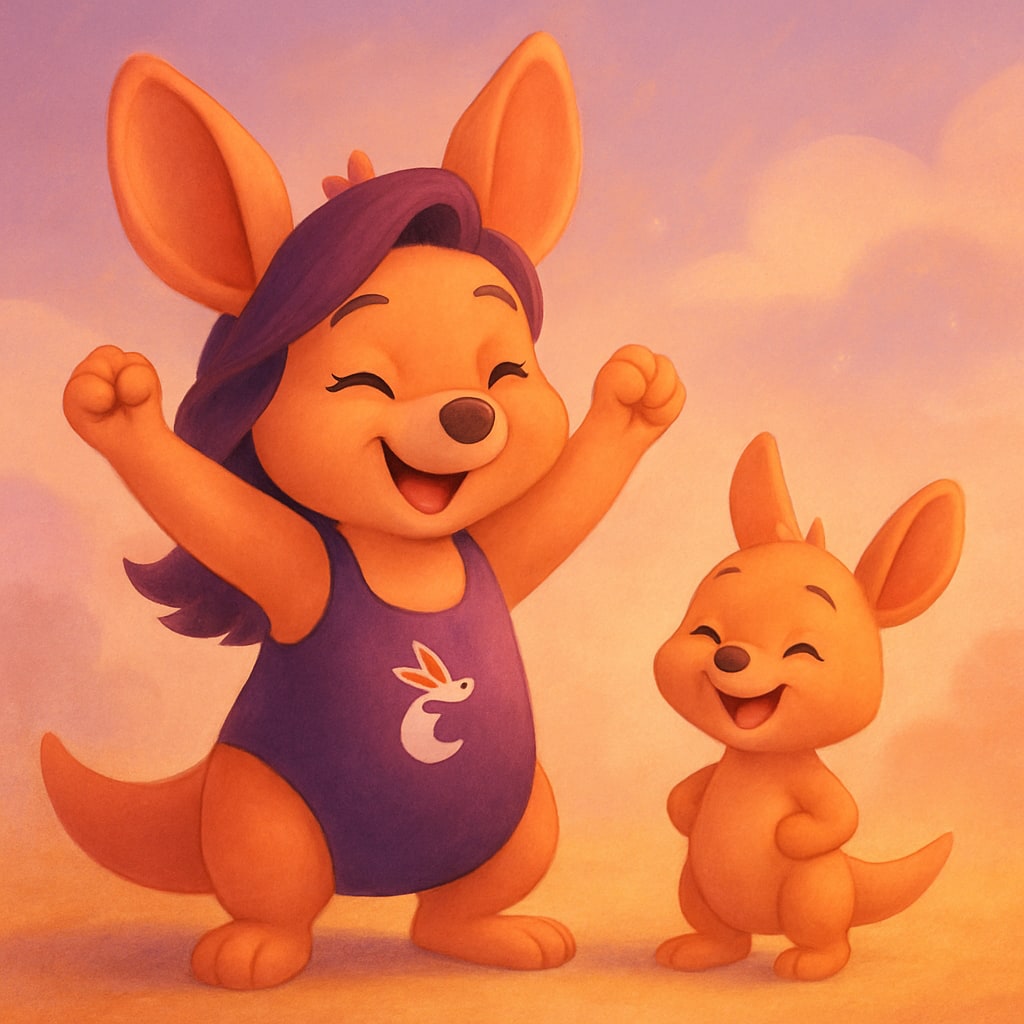 Sophie joyfully cheering while a baby kangaroo stands proudly next to her without a diaper