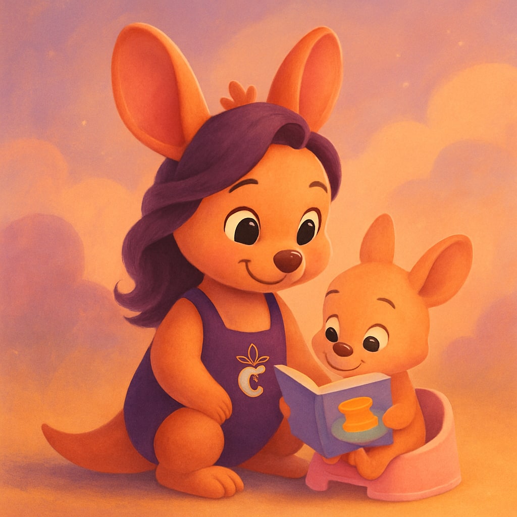 Sophie sitting on a mini potty with a baby kangaroo reading a colorful potty training book