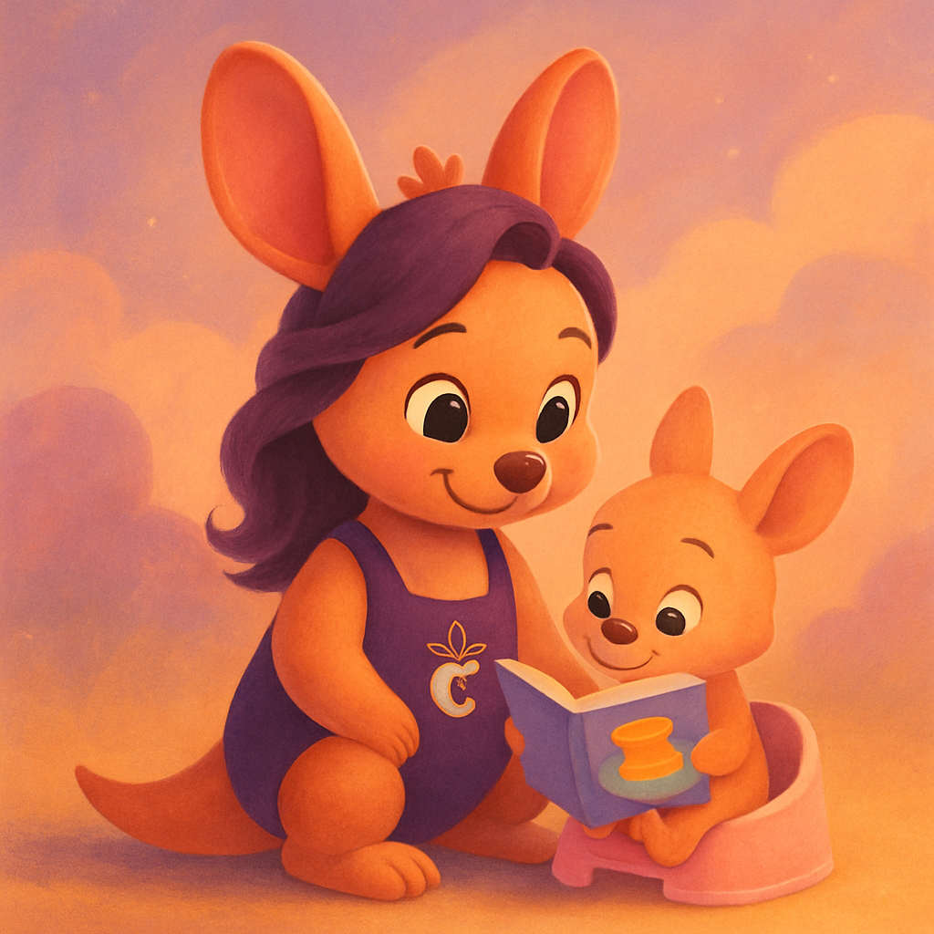 Sophie sitting on a mini potty with a baby kangaroo reading a colorful potty training book