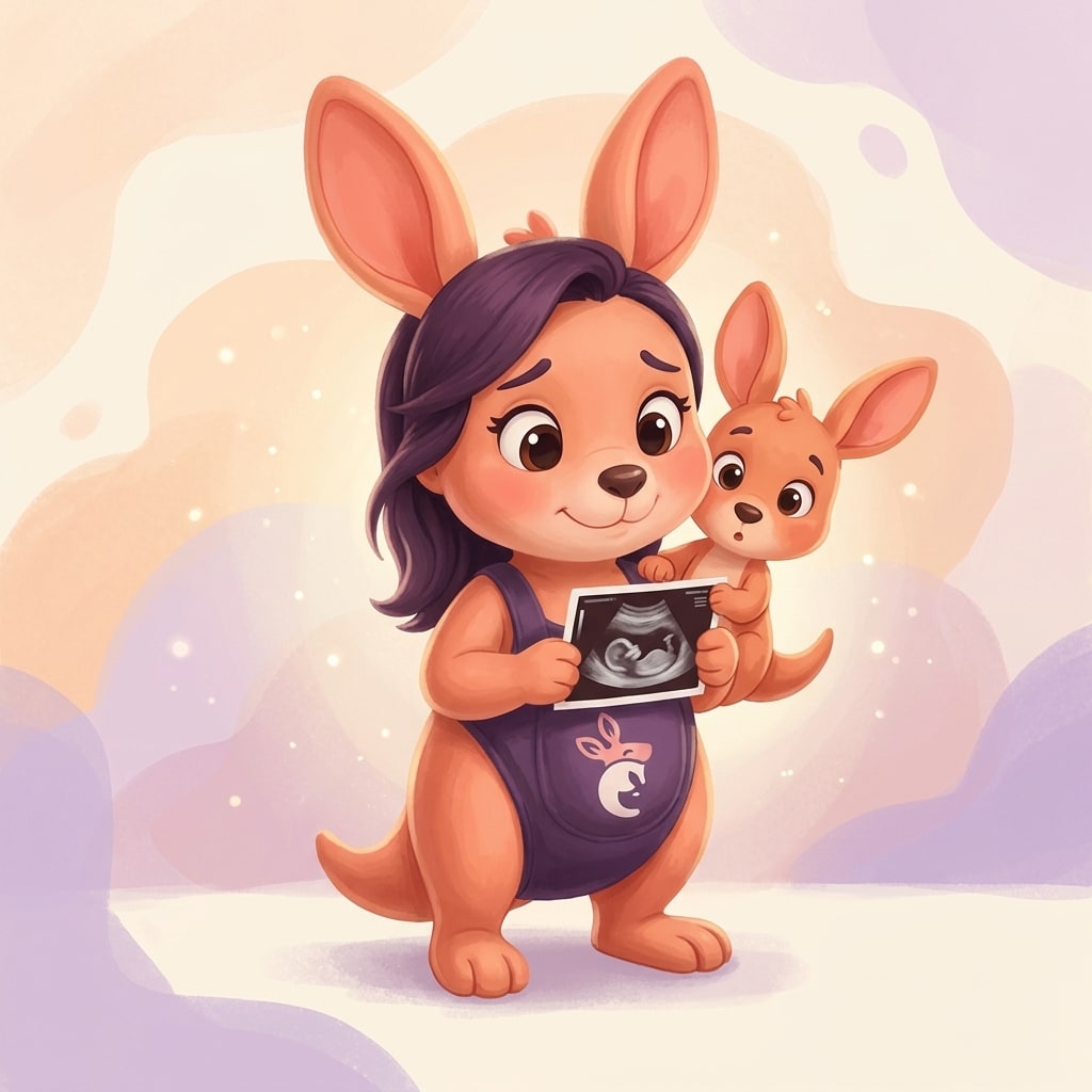 Sophie gazing at an ultrasound print with her baby kangaroo peeking over her shoulder