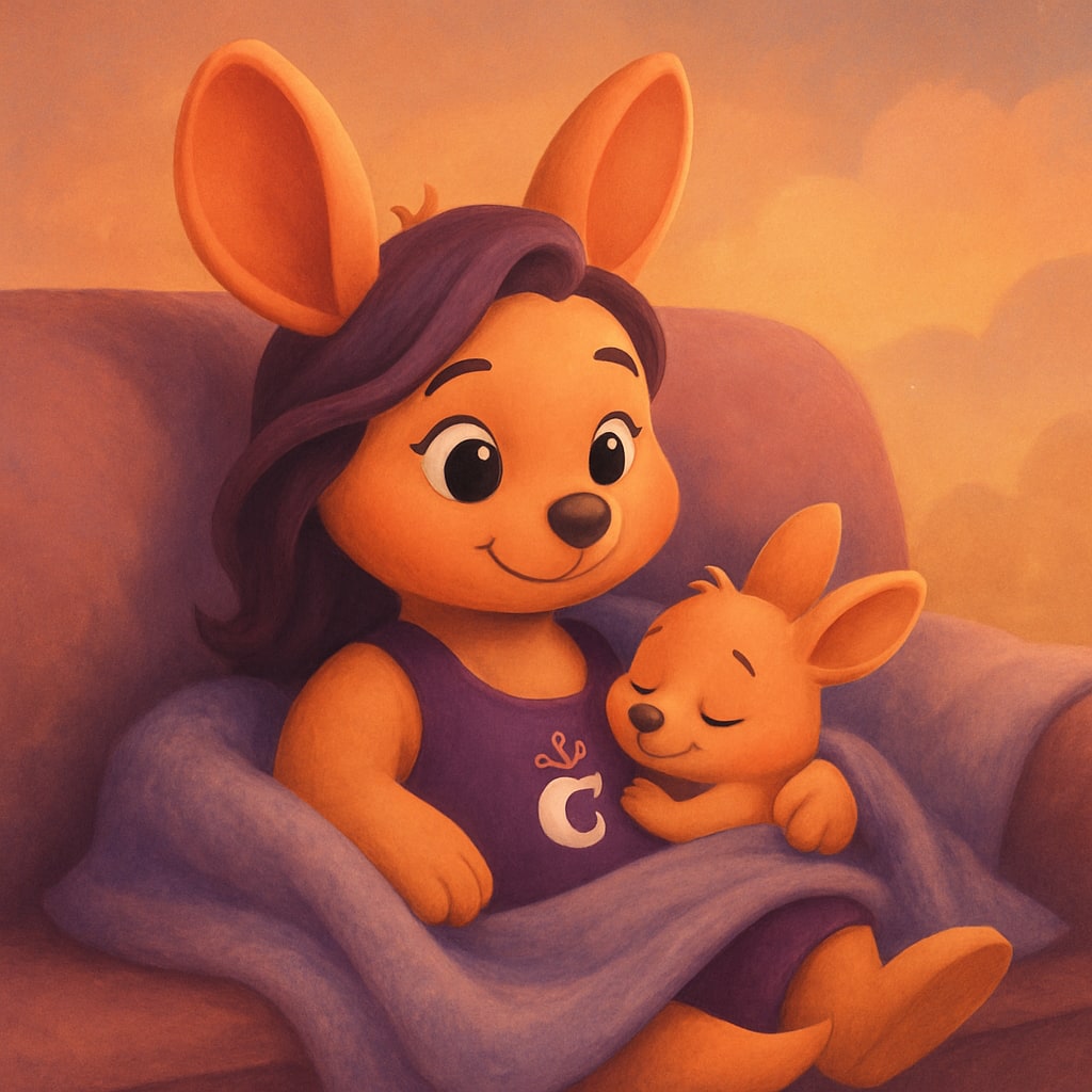 Sophie relaxing with a baby kangaroo on a couch, blanket draped over them