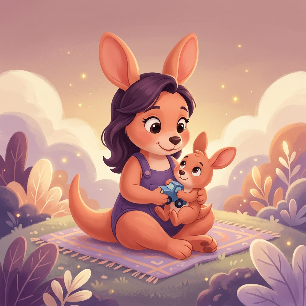 Sophie the kangaroo smiling as her baby kangaroo hugs a toy truck